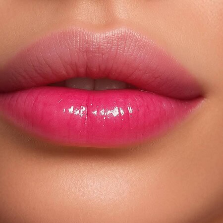 תקריב של שפתיים עם אפקט אומברה חלק וגלוס ורוד, המדגיש מראה מבריק ולח. השפה התחתונה, המלאה יותר, מודגשת בתאורה רכה באמצעות שמן שפתיים משנה גוון – pH, המעניק מרקם וצבע משופרים. | אלמאס קוסמטיקה – מתנה מושלמת של טיפוח ויוקרה