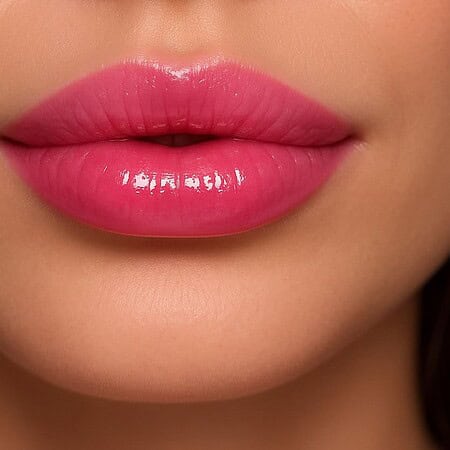 תקריב של שפתיים מלאות ומודגשות בעלות עור חלק, המרוחות בשפתון ורוד עז – pH – למראה מבריק ומטופח. התמונה מתמקדת אך ורק בשפתיים ובחלק התחתון של הפנים. | אלמאס קוסמטיקה – מתנה מושלמת של טיפוח ויוקרה