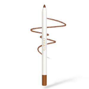 עיפרון השפתיים בגוון 25 עומד במאונך, עם קצה חום והכיתוב "ALMAS" בזהב. קו גלי חום נמתח מהעיפרון, ומדגיש את צבעו ומרקמו על רקע לבן חלק. | אלמאס קוסמטיקה – מתנה מושלמת של טיפוח ויוקרה