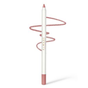 עיפרון שפתיים בגוון 8, בגוף לבן עם הכיתוב "ALMASA" בזהב ורוד. מוצג במאונך, עם פס ורוד גלילי מאחור להדגמת הגוון, על רקע לבן. | אלמאס קוסמטיקה – מתנה מושלמת של טיפוח ויוקרה